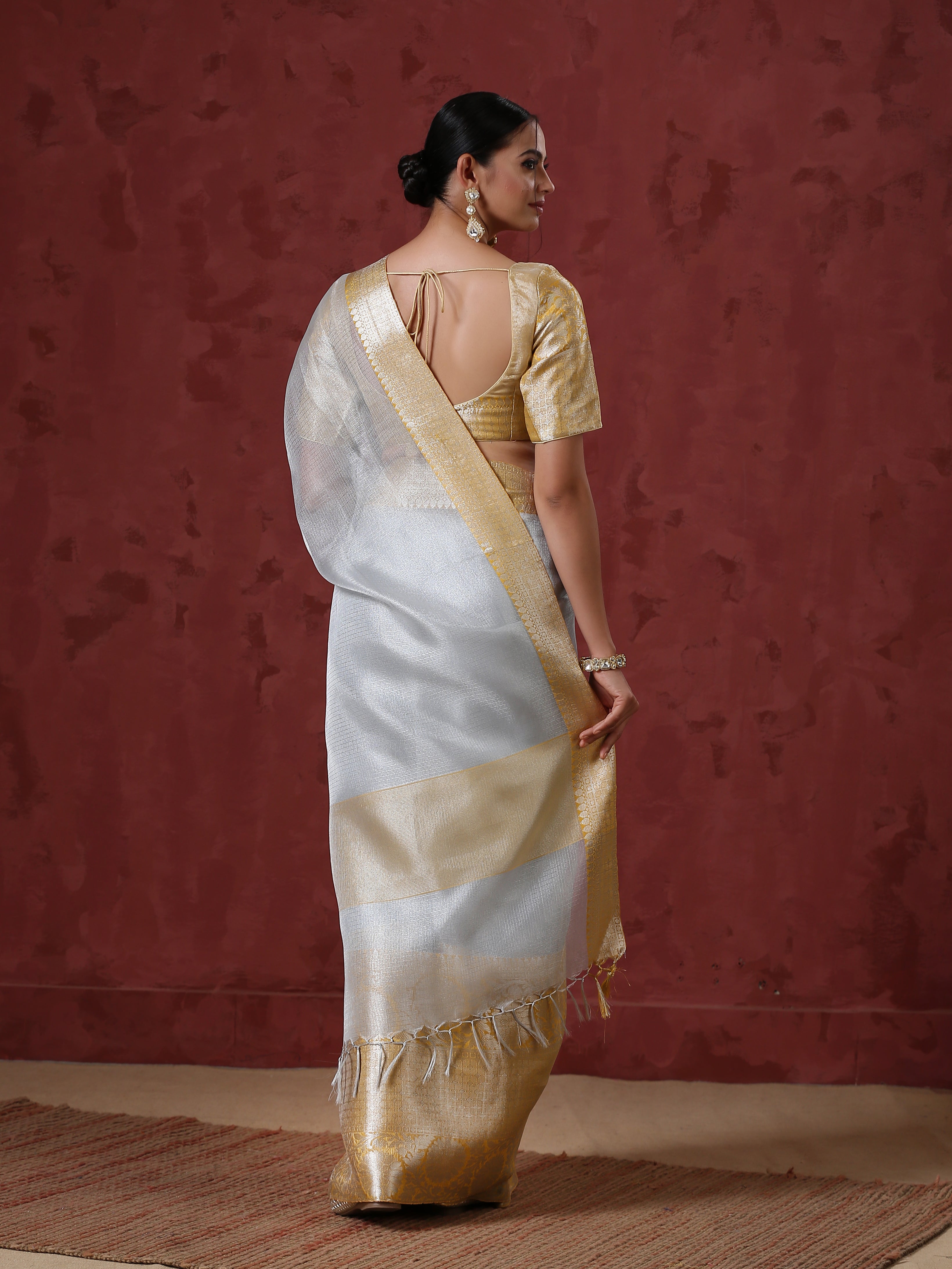 Silver Tissue Yellow Border Silk Blend Saree with Blouse Fabric
