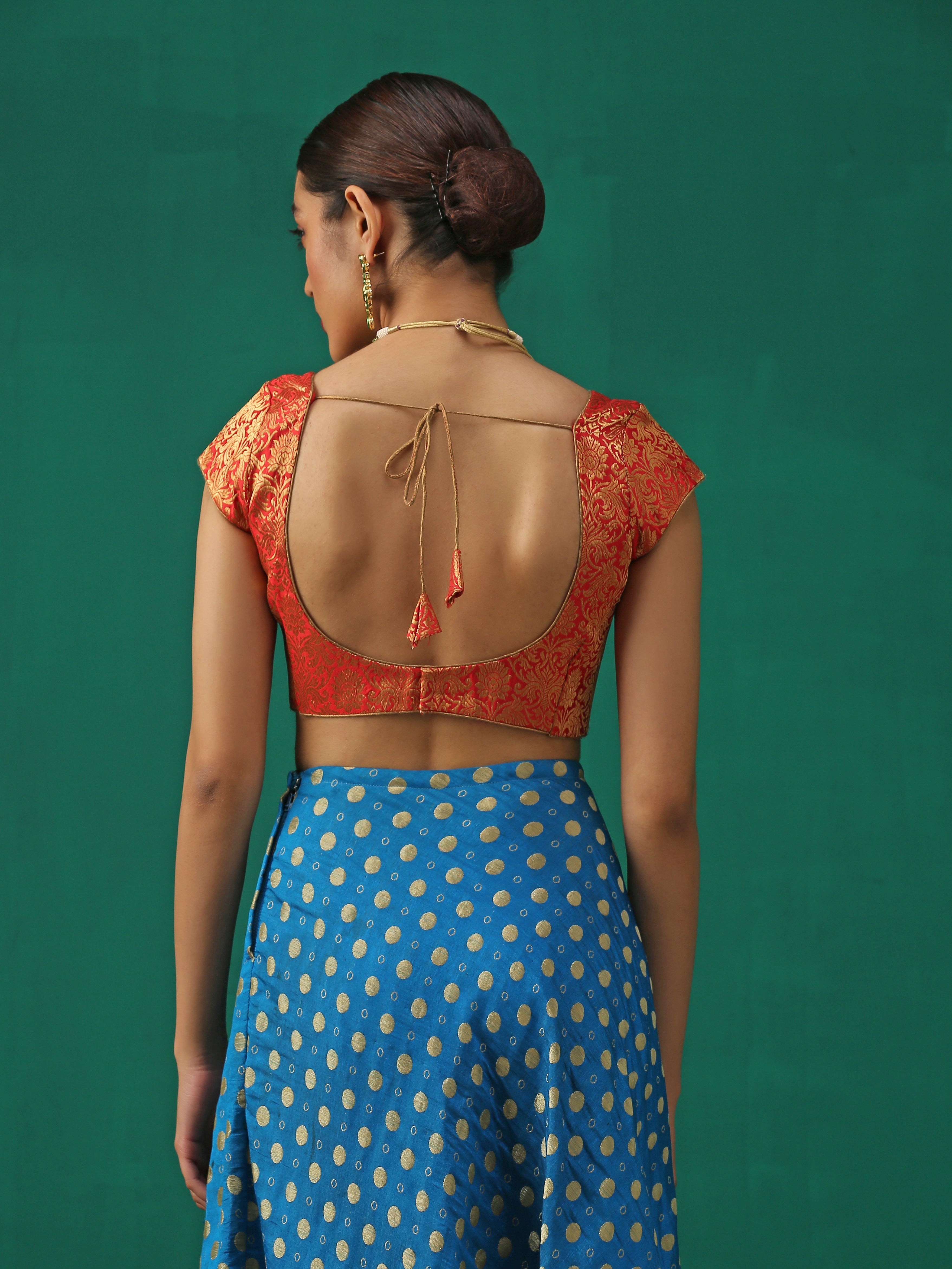 Red & Gold Brocade Blouse with Cap Sleeves