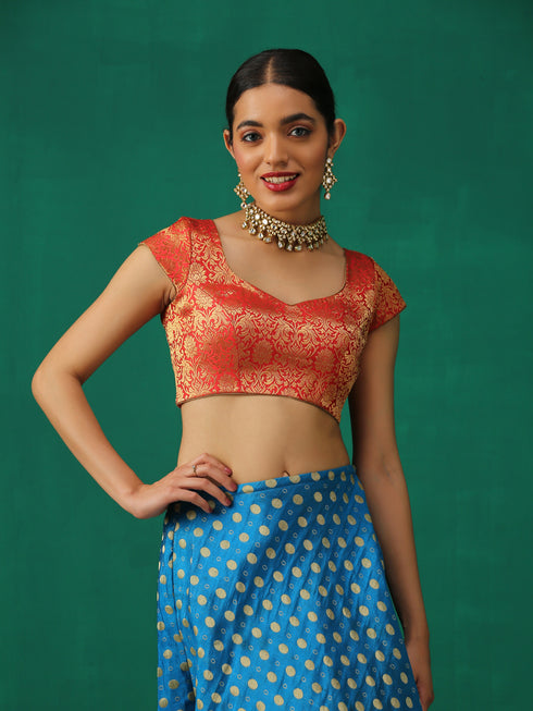 Red & Gold Brocade Blouse with Cap Sleeves