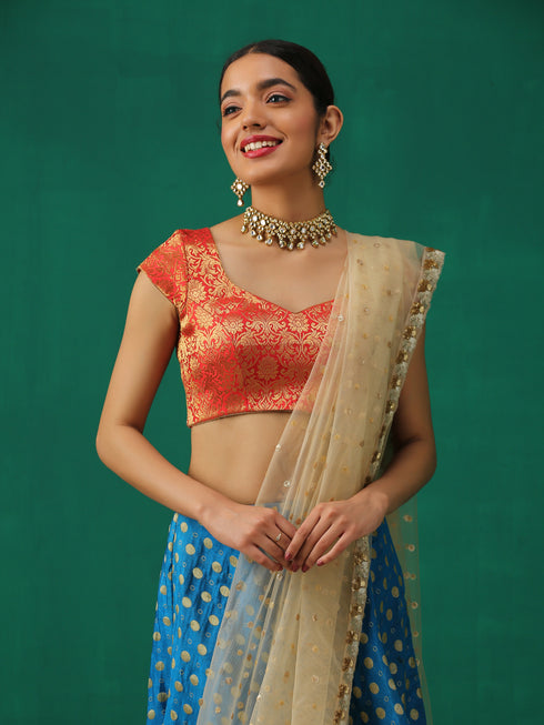 Red & Gold Brocade Blouse with Cap Sleeves