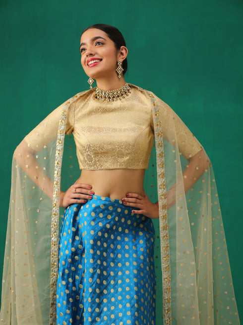 Regal Cream & Gold Blouse with Inverted V Back