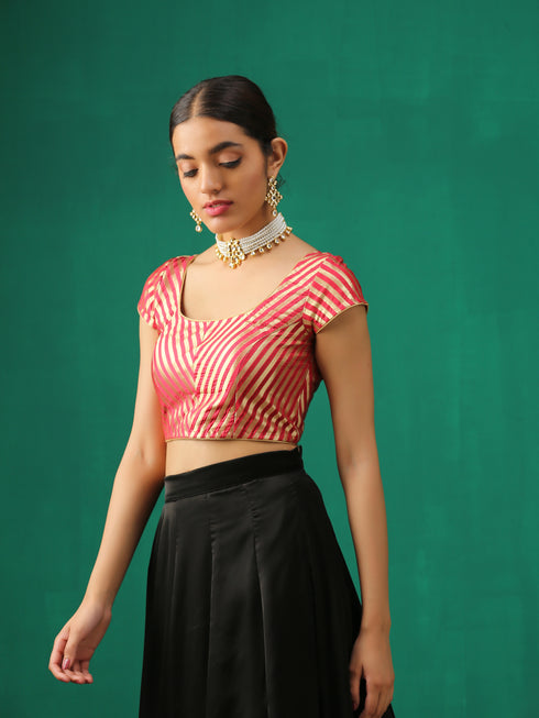 Royal Red Banarasi Diagonal Stripes Blouse