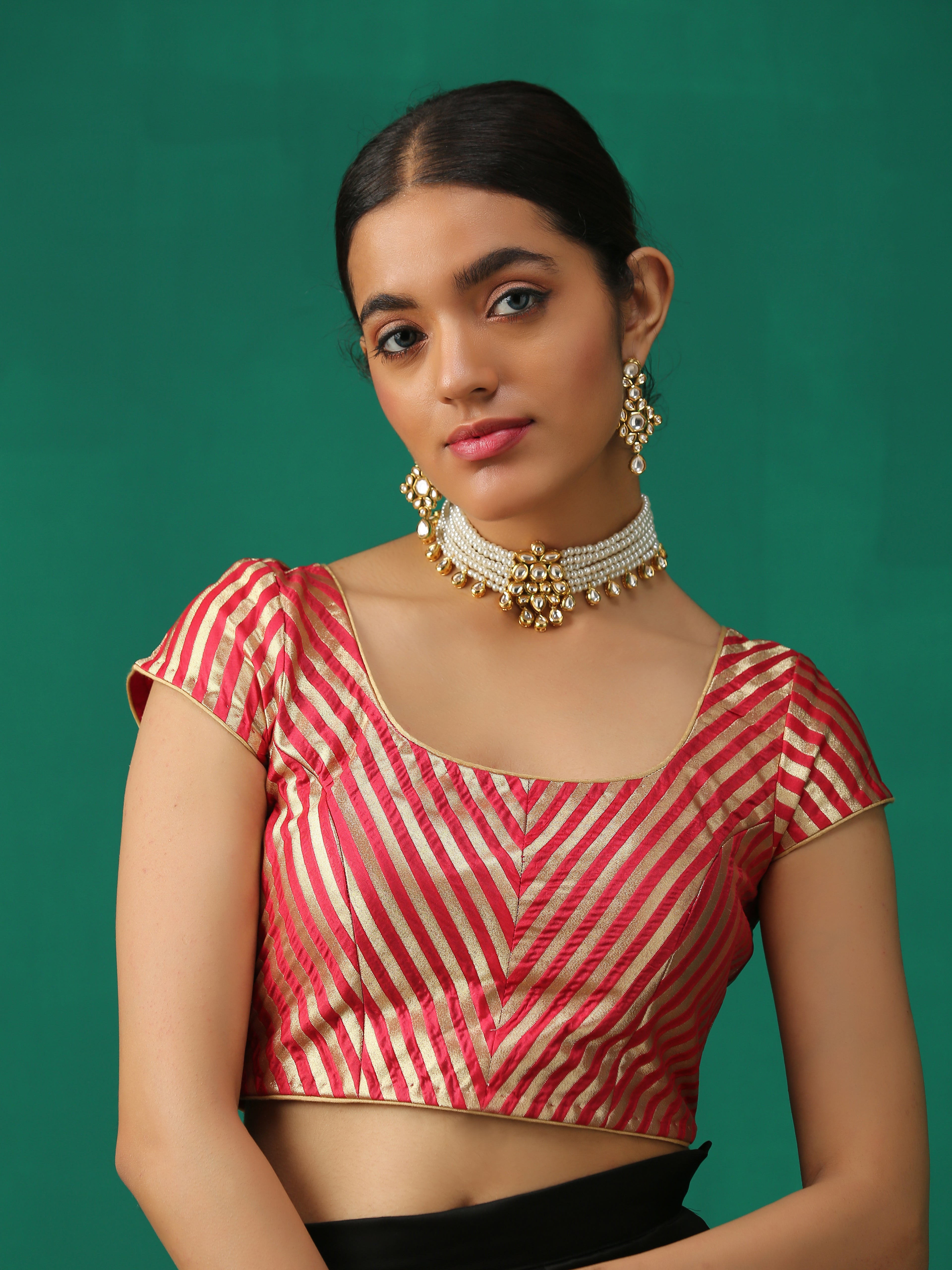 Royal Red Banarasi Diagonal Stripes Blouse