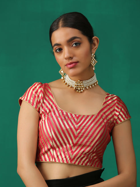 Royal Red Banarasi Diagonal Stripes Blouse