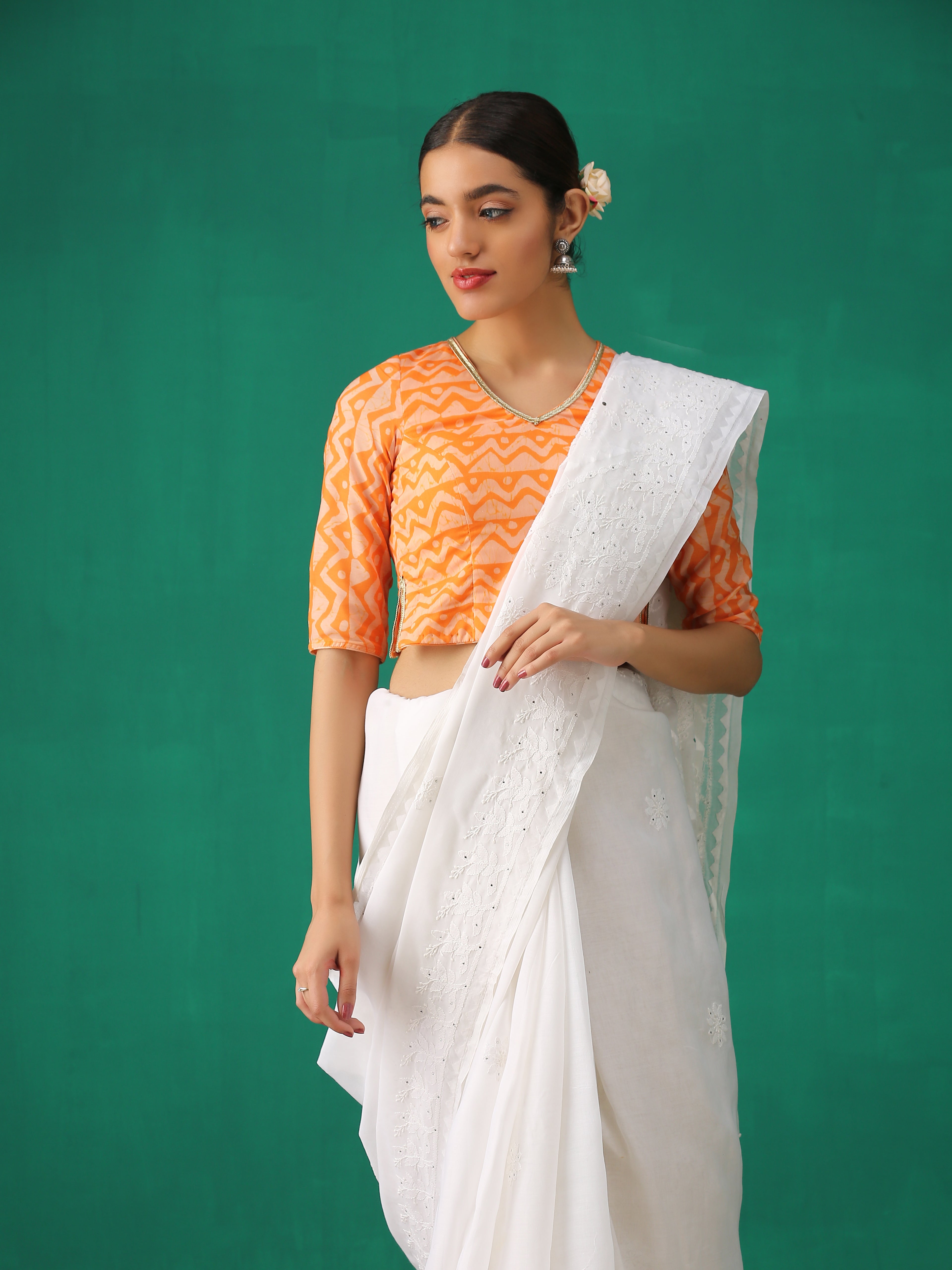 Orange Batik Print Choli Cutwork Blouse