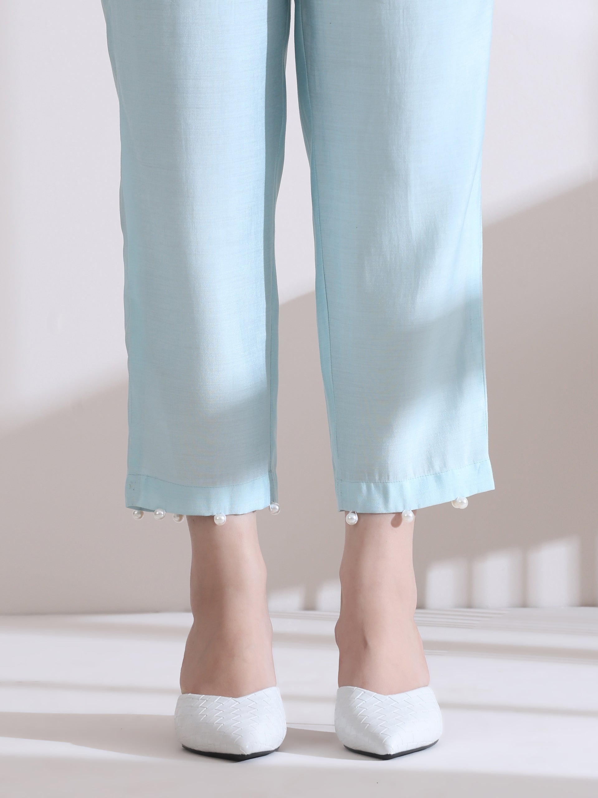 Women's Light Blue Collar Kurta with Pearls and Pants 2 Piece Set | Straight Fit, V Neck, 3/4 Sleeves, Work Wear, (AirSkin Cotton Silk Blend)
