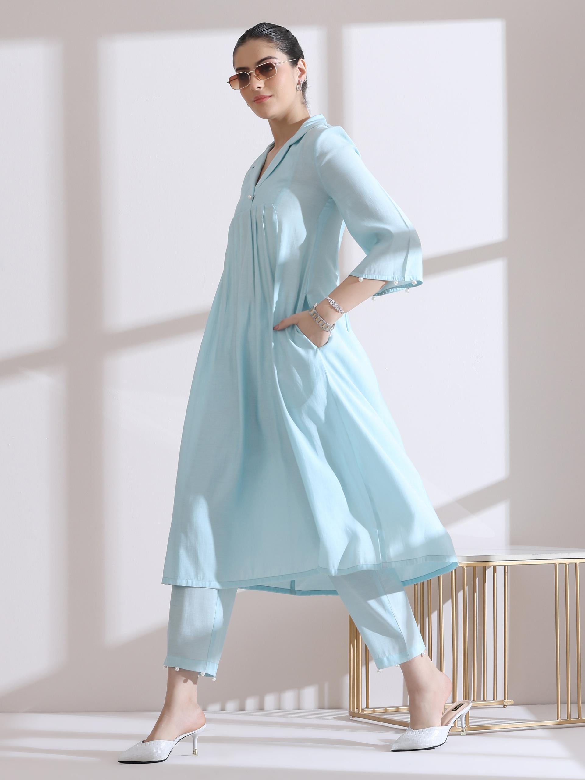 Women's Light Blue Collar Kurta with Pearls and Pants 2 Piece Set | Straight Fit, V Neck, 3/4 Sleeves, Work Wear, (AirSkin Cotton Silk Blend)