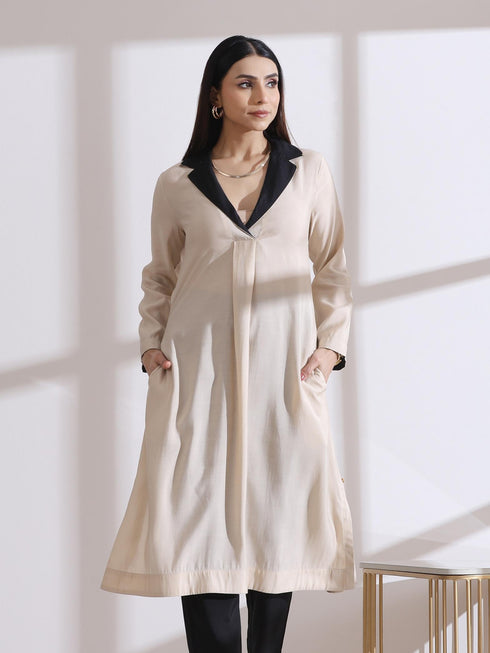 Women's Fawn and Black Kurta with Gold Point Collar 1 Pc | Straight Fit, Collar Neck, Full Sleeves, Workwear, (AirSkin Cotton Silk Blend)