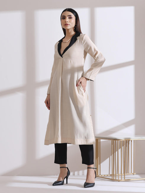 Women's Fawn and Black Kurta with Gold Point Collar 1 Pc | Straight Fit, Collar Neck, Full Sleeves, Workwear, (AirSkin Cotton Silk Blend)