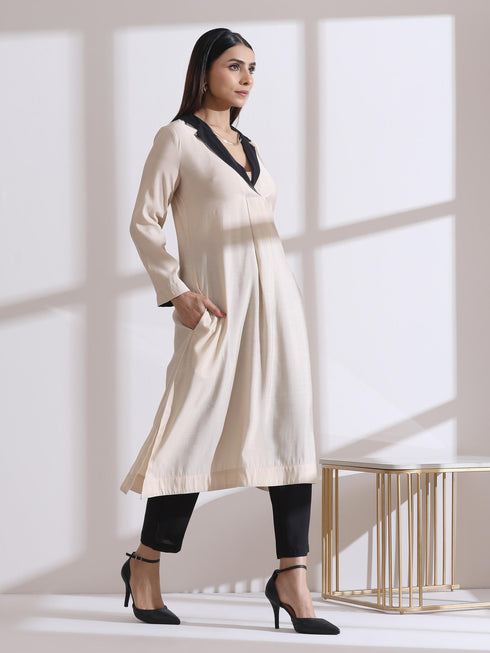 Women's Fawn and Black Kurta with Gold Point Collar 1 Pc | Straight Fit, Collar Neck, Full Sleeves, Workwear, (AirSkin Cotton Silk Blend)