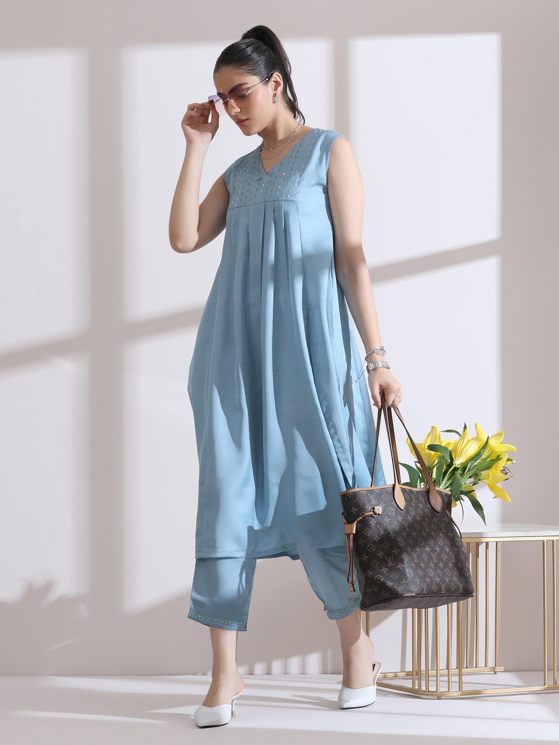 2 Pc Set - Prf'T Lux Blue Hand Stitched Yoke Sleeveless Kurta With Pants