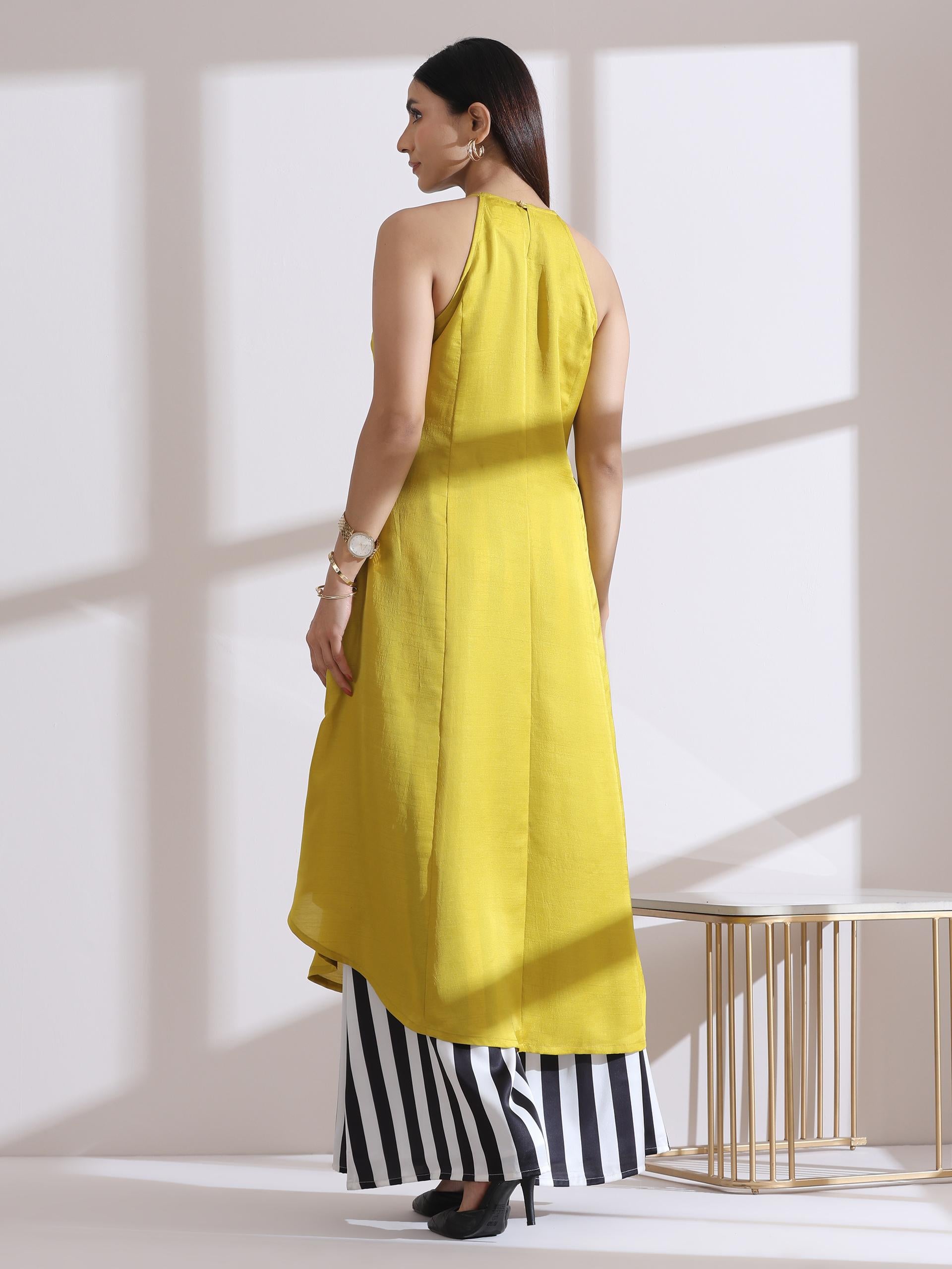 Women's Yellow Beaded Halter Sleeveless Kurta with Printed Satin Palazzo 2 Piece Set | Straight Fit, Halter Neck, Sleeveless, Partywear, (Lux Fabric)