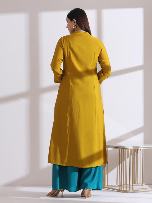 Women's Mustard Long Opening Kurta with Beads and Blue Pants 2 Piece Set | A-Line, Round Neck, 3/4 Sleeves, Partywear, (AirSkin Cotton Silk Blend)