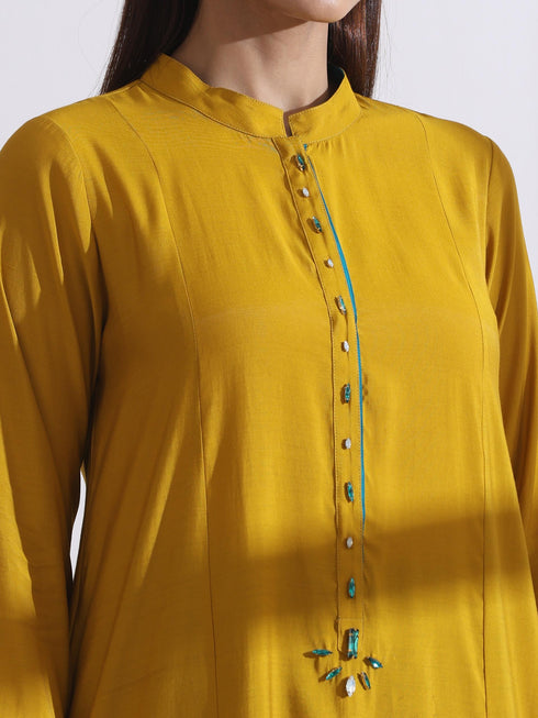 Women's Mustard Long Opening Kurta with Beads and Blue Pants 2 Piece Set | A-Line, Round Neck, 3/4 Sleeves, Partywear, (AirSkin Cotton Silk Blend)
