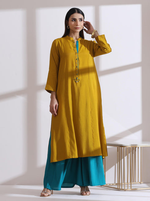 Women's Mustard Long Opening Kurta with Beads and Blue Pants 2 Piece Set | A-Line, Round Neck, 3/4 Sleeves, Partywear, (AirSkin Cotton Silk Blend)