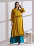 Women's Mustard Long Opening Kurta with Beads and Blue Pants 2 Piece Set | A-Line, Round Neck, 3/4 Sleeves, Partywear, (AirSkin Cotton Silk Blend)