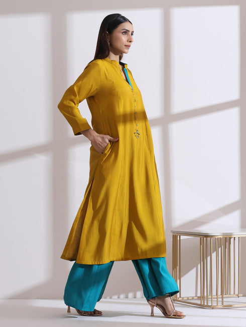 Women's Mustard Long Opening Kurta with Beads and Blue Pants 2 Piece Set | A-Line, Round Neck, 3/4 Sleeves, Partywear, (AirSkin Cotton Silk Blend)