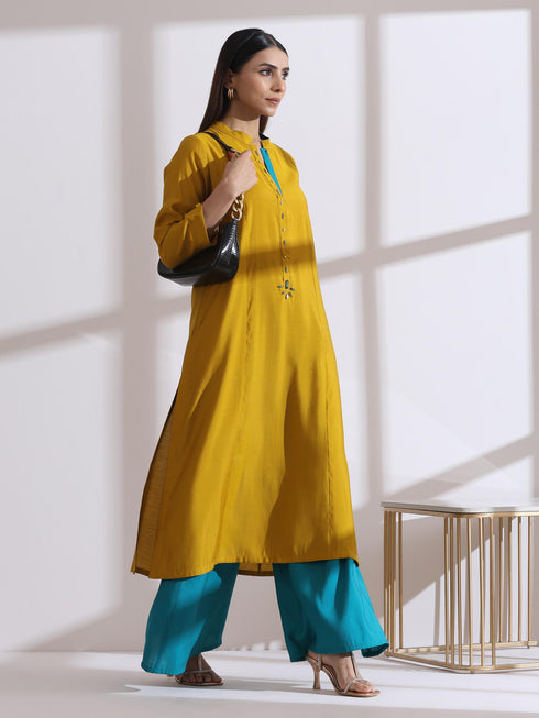 Women's Mustard Long Opening Kurta with Beads and Blue Pants 2 Piece Set | A-Line, Round Neck, 3/4 Sleeves, Partywear, (AirSkin Cotton Silk Blend)