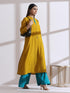 Women's Mustard Long Opening Kurta with Beads and Blue Pants 2 Piece Set | A-Line, Round Neck, 3/4 Sleeves, Partywear, (AirSkin Cotton Silk Blend)