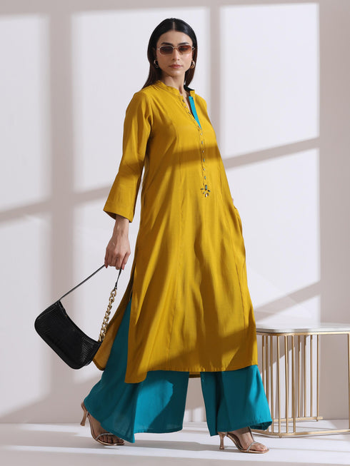Women's Mustard Long Opening Kurta with Beads and Blue Pants 2 Piece Set | A-Line, Round Neck, 3/4 Sleeves, Partywear, (AirSkin Cotton Silk Blend)