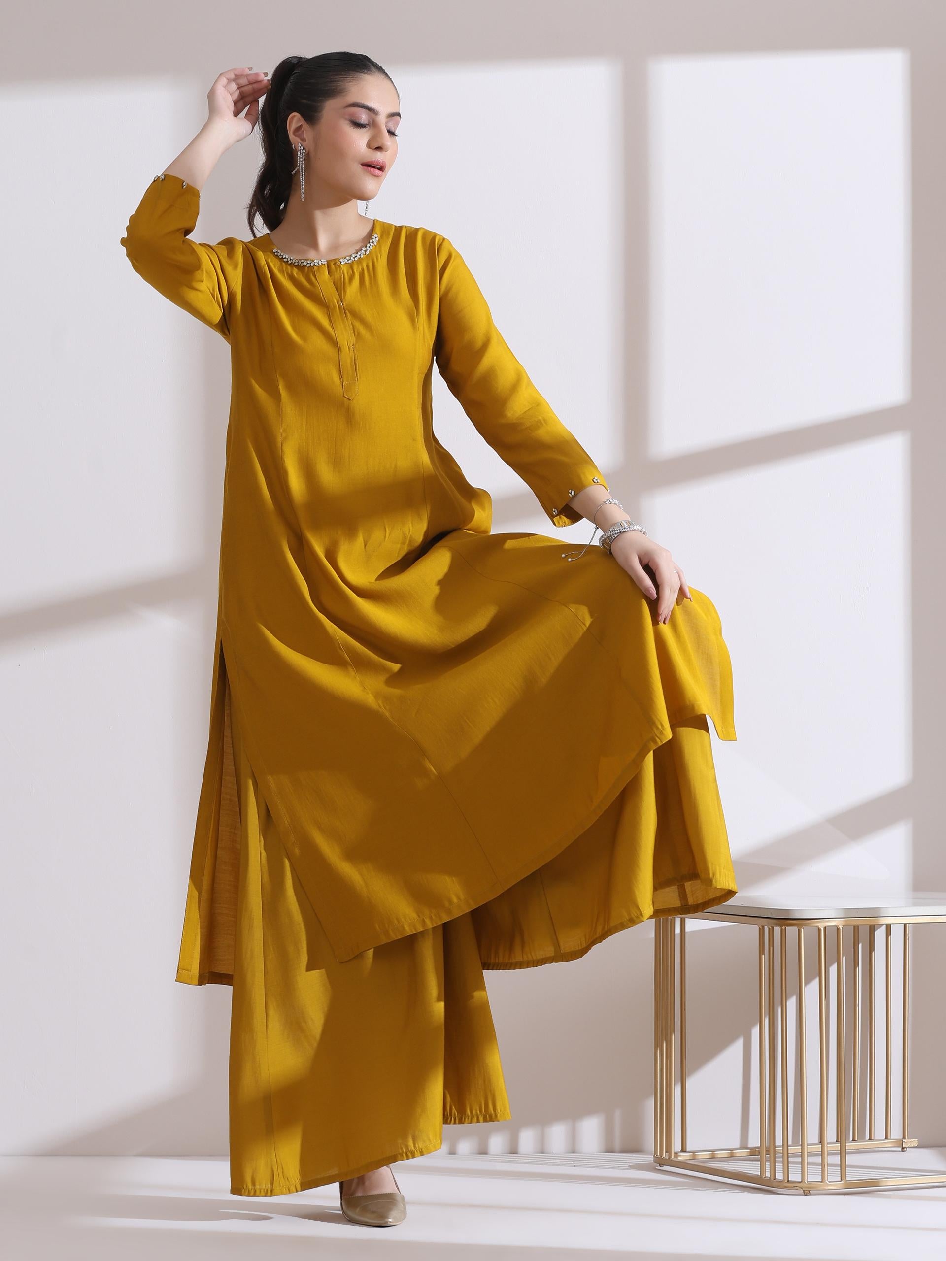 Women's Mustard Beaded Kurta with Palazzo 2 Piece Set | Straight Fit, Round Neck, 3/4 Sleeves, Festive Wear, (AirSkin Cotton Silk Blend)