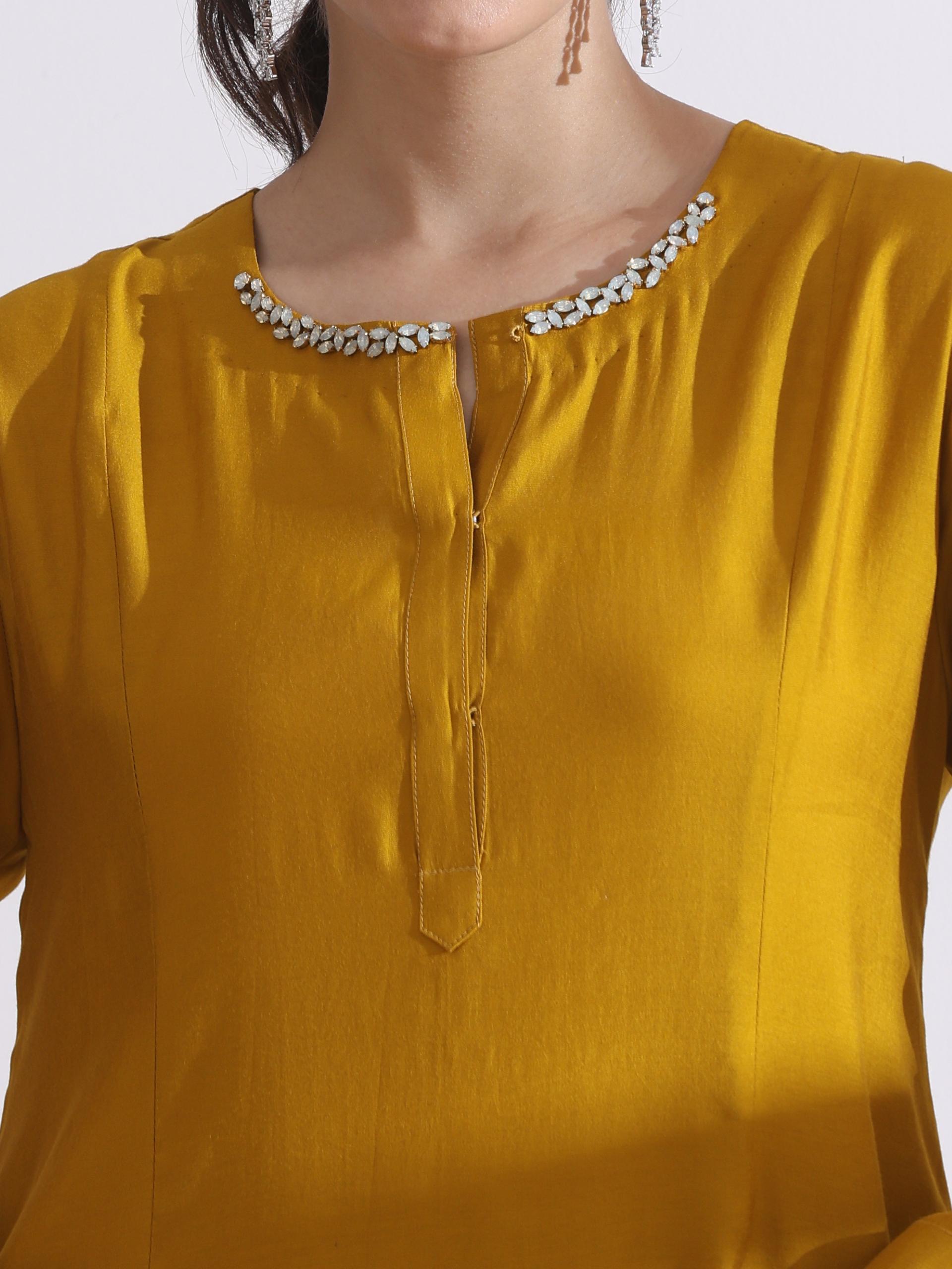 Women's Mustard Beaded Kurta with Palazzo 2 Piece Set | Straight Fit, Round Neck, 3/4 Sleeves, Festive Wear, (AirSkin Cotton Silk Blend)