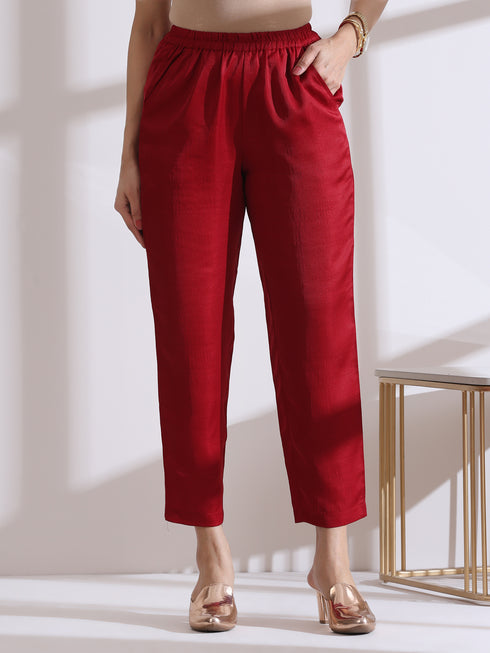 Women's Red Sleeveless Kurta with Hand Stitching and Pants 2 Piece Set | Straight Fit, Round Neck, Sleeveless, Work Wear, (Lux Fabric)