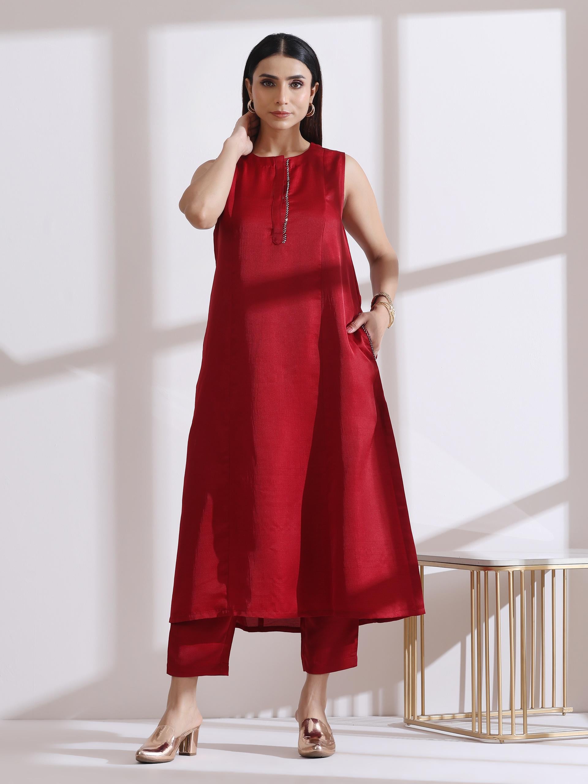 Women's Red Sleeveless Kurta with Hand Stitching and Pants 2 Piece Set | Straight Fit, Round Neck, Sleeveless, Work Wear, (Lux Fabric)