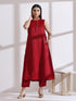 Women's Red Sleeveless Kurta with Hand Stitching and Pants 2 Piece Set | Straight Fit, Round Neck, Sleeveless, Work Wear, (Lux Fabric)