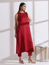 Women's Red Sleeveless Kurta with Hand Stitching and Pants 2 Piece Set | Straight Fit, Round Neck, Sleeveless, Work Wear, (Lux Fabric)