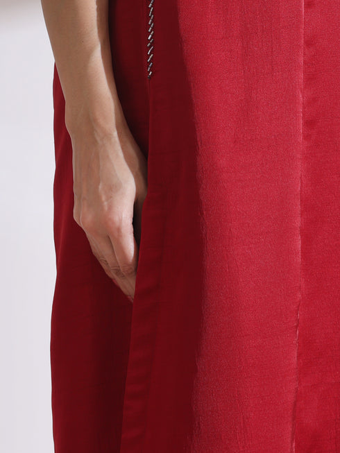 Women's Red Sleeveless Kurta with Hand Stitching and Pants 2 Piece Set | Straight Fit, Round Neck, Sleeveless, Work Wear, (Lux Fabric)