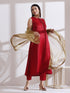 Women's Red Sleeveless Kurta with Hand Stitching and Pants 2 Piece Set | Straight Fit, Round Neck, Sleeveless, Work Wear, (Lux Fabric)
