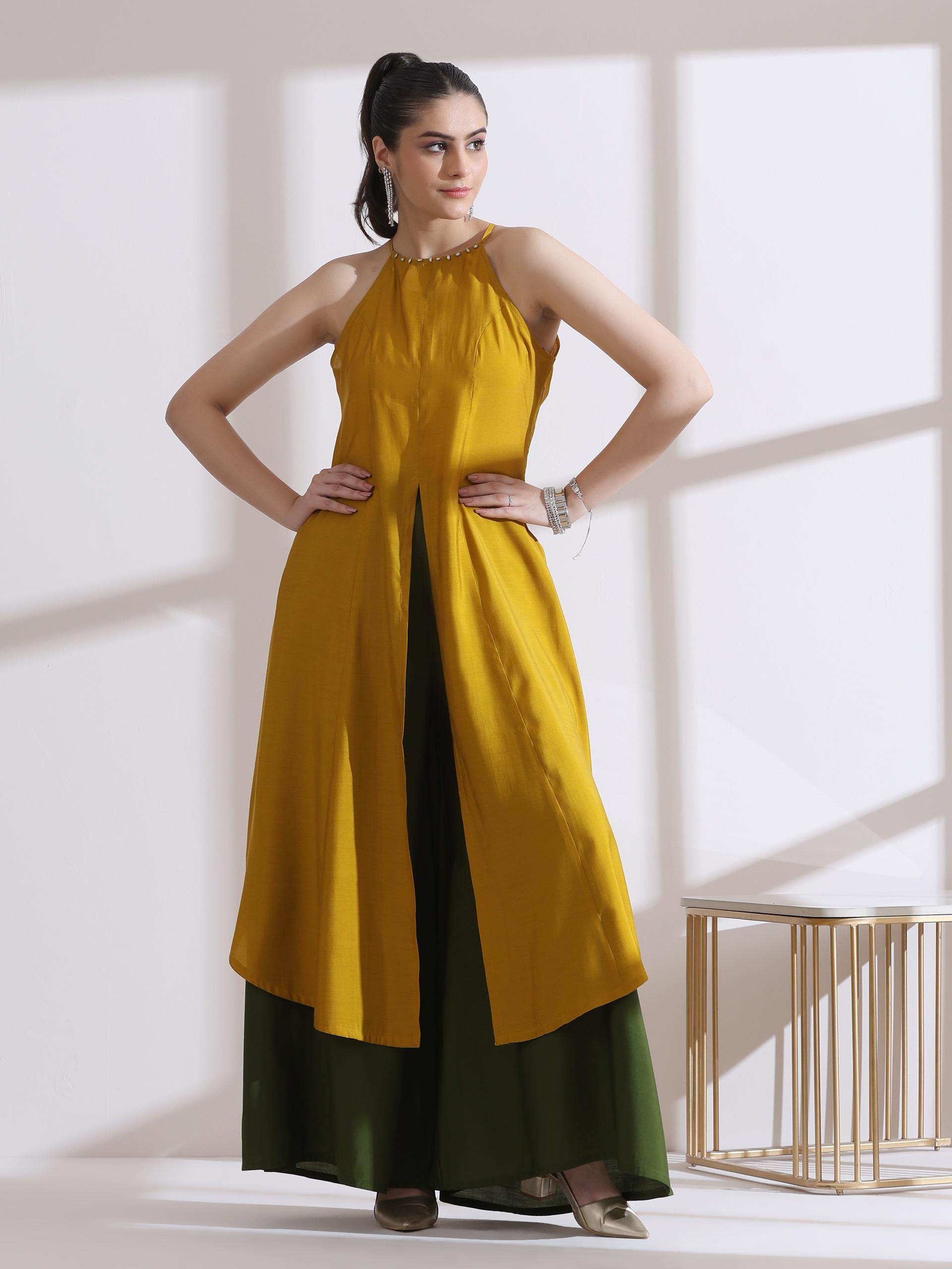 Women's Mustard Halter Kurta with Bronze Beads and Palazzo Piece Set Straight Fit, Halter Neck, Sleeveless, Festive Wear, Casual (AirSkin Cotton