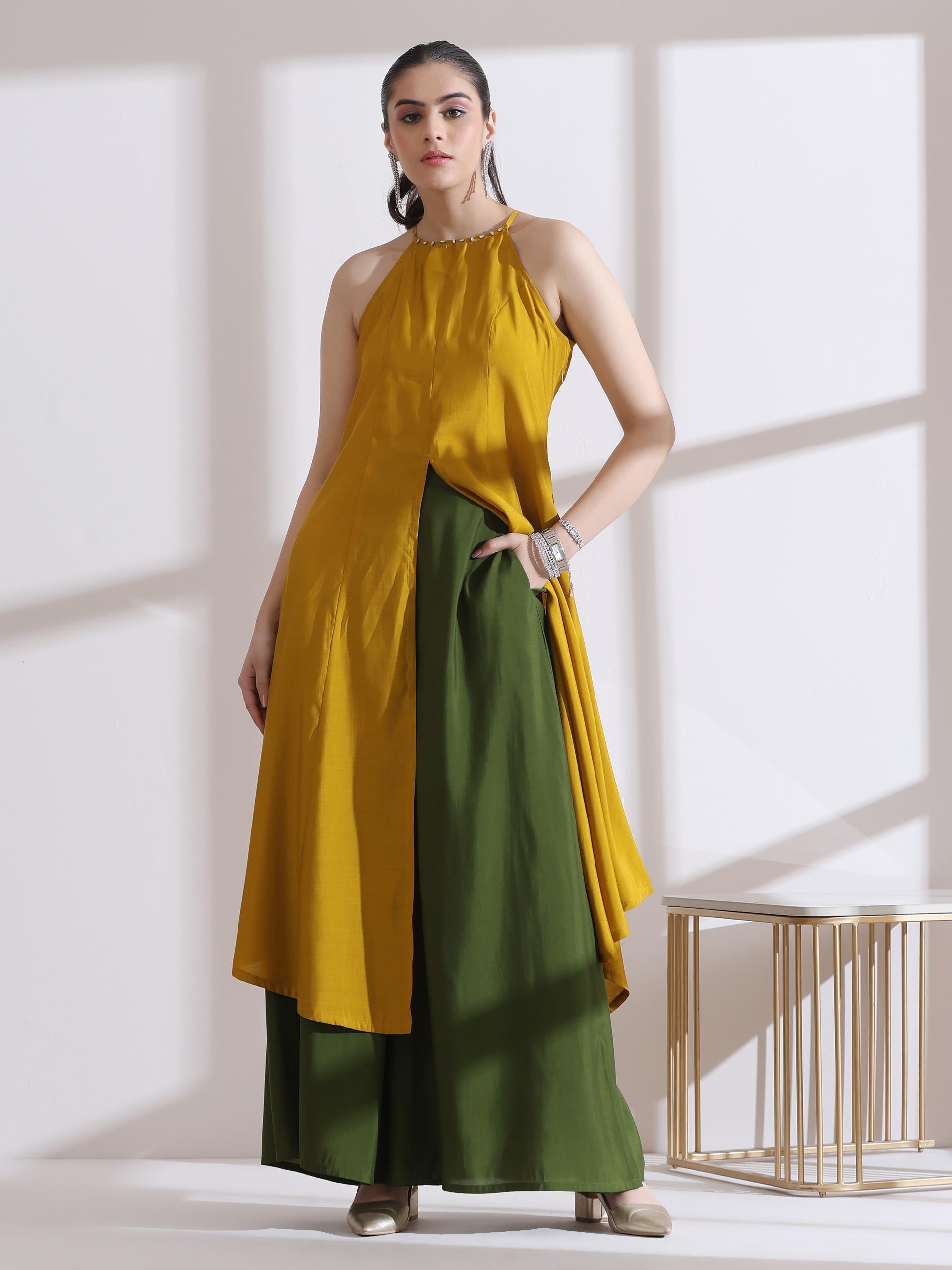 Women's Mustard Halter Kurta with Bronze Beads and Palazzo 2 Piece Set | Straight Fit, Halter Neck, Sleeveless, Festive Wear, Casual (AirSkin Cotton Silk Blend)