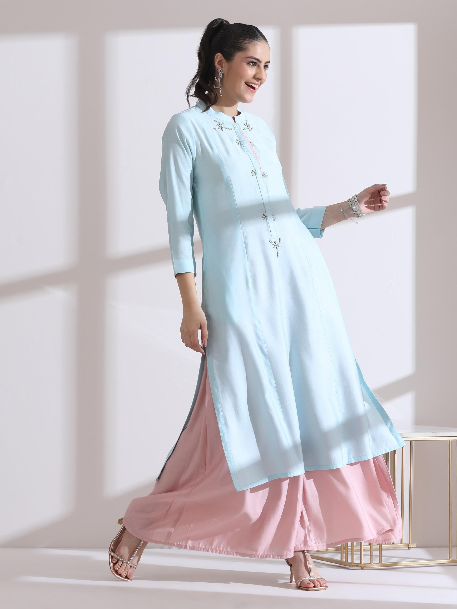 Women's Light Blue Long Opening Kurta with Beads and Pink Palazzo 2 Piece Set | A-Line, Round Neck, 3/4 Sleeves, Festive Wear, Casual (AirSkin Cotton Silk Blend)