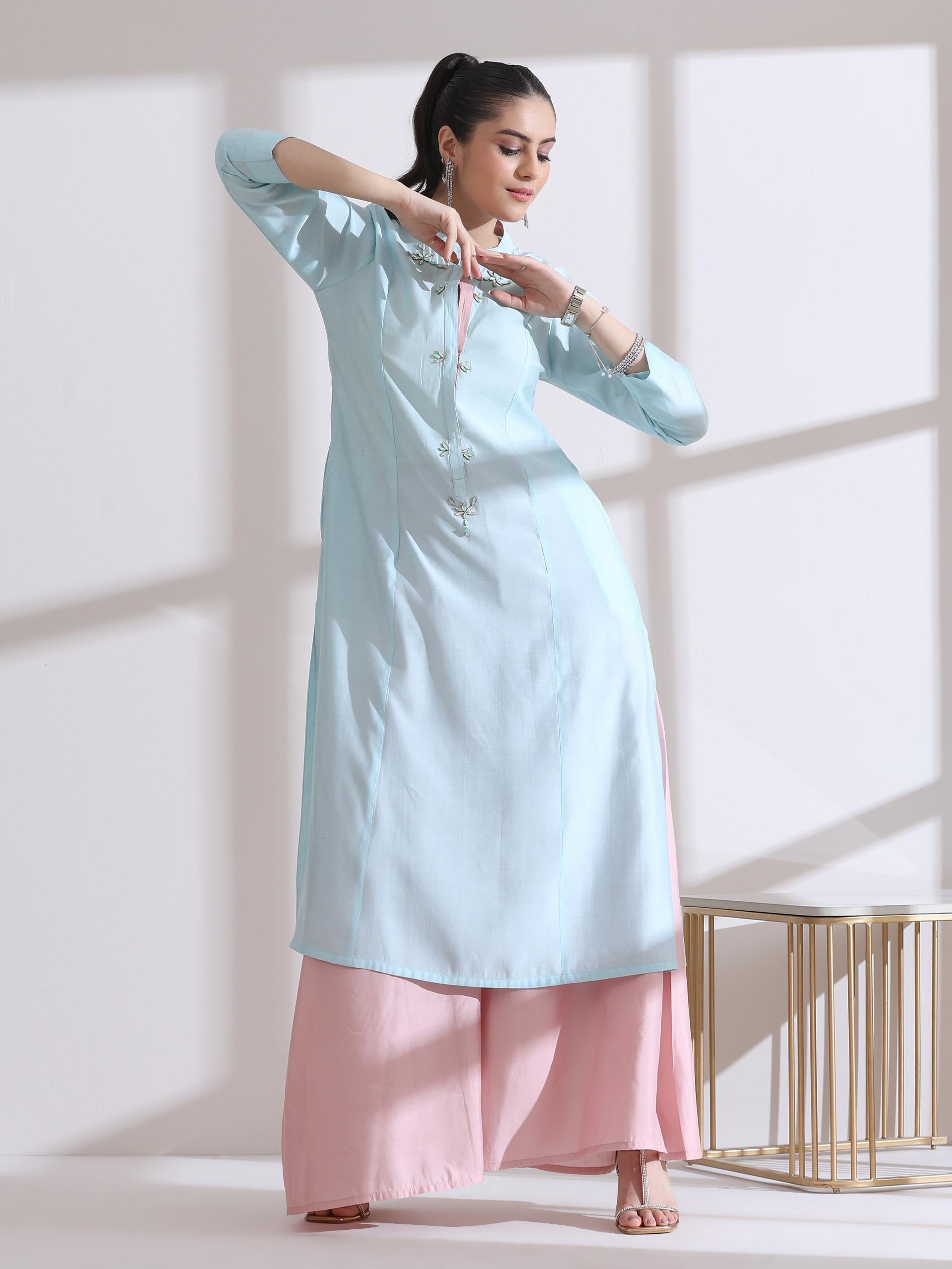 Women's Light Blue Long Opening Kurta with Beads and Pink Palazzo 2 Piece Set | A-Line, Round Neck, 3/4 Sleeves, Festive Wear, Casual (AirSkin Cotton Silk Blend)
