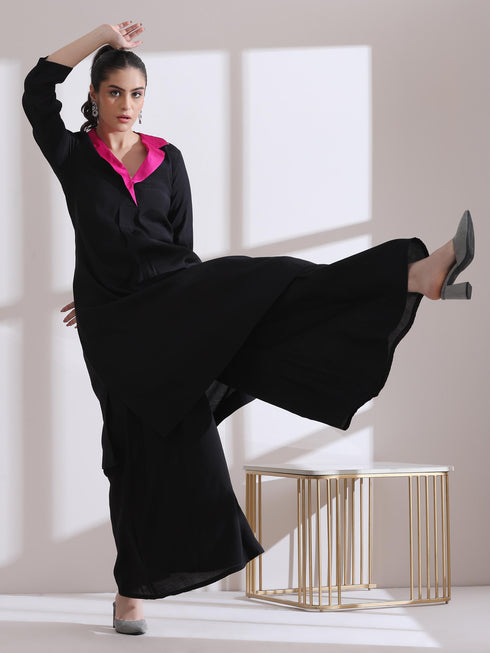 Women's Black Kurta with Fuchsia Gold Point Collar and Palazzo 2 Piece Set | Straight Fit, V Neck, 3/4 Sleeves, Work Wear, (AirSkin Cotton Silk Blend)