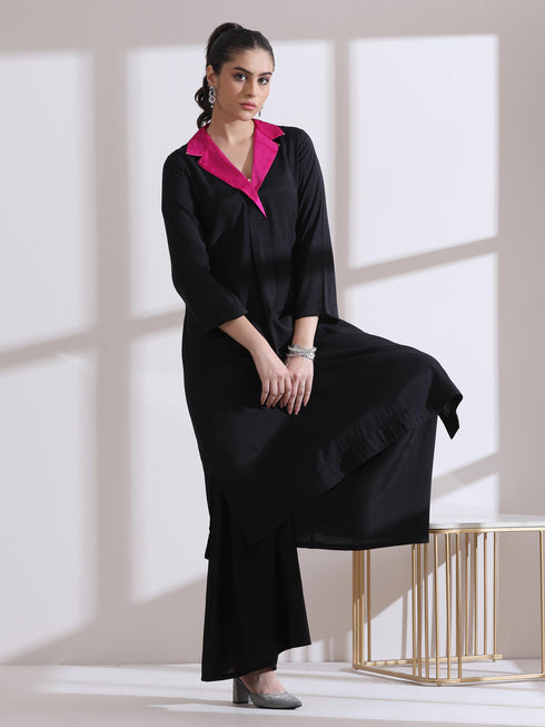 Women's Black Kurta with Fuchsia Gold Point Collar and Palazzo 2 Piece Set | Straight Fit, V Neck, 3/4 Sleeves, Work Wear, (AirSkin Cotton Silk Blend)