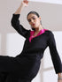 Women's Black Kurta with Fuchsia Gold Point Collar and Palazzo 2 Piece Set | Straight Fit, V Neck, 3/4 Sleeves, Work Wear, (AirSkin Cotton Silk Blend)
