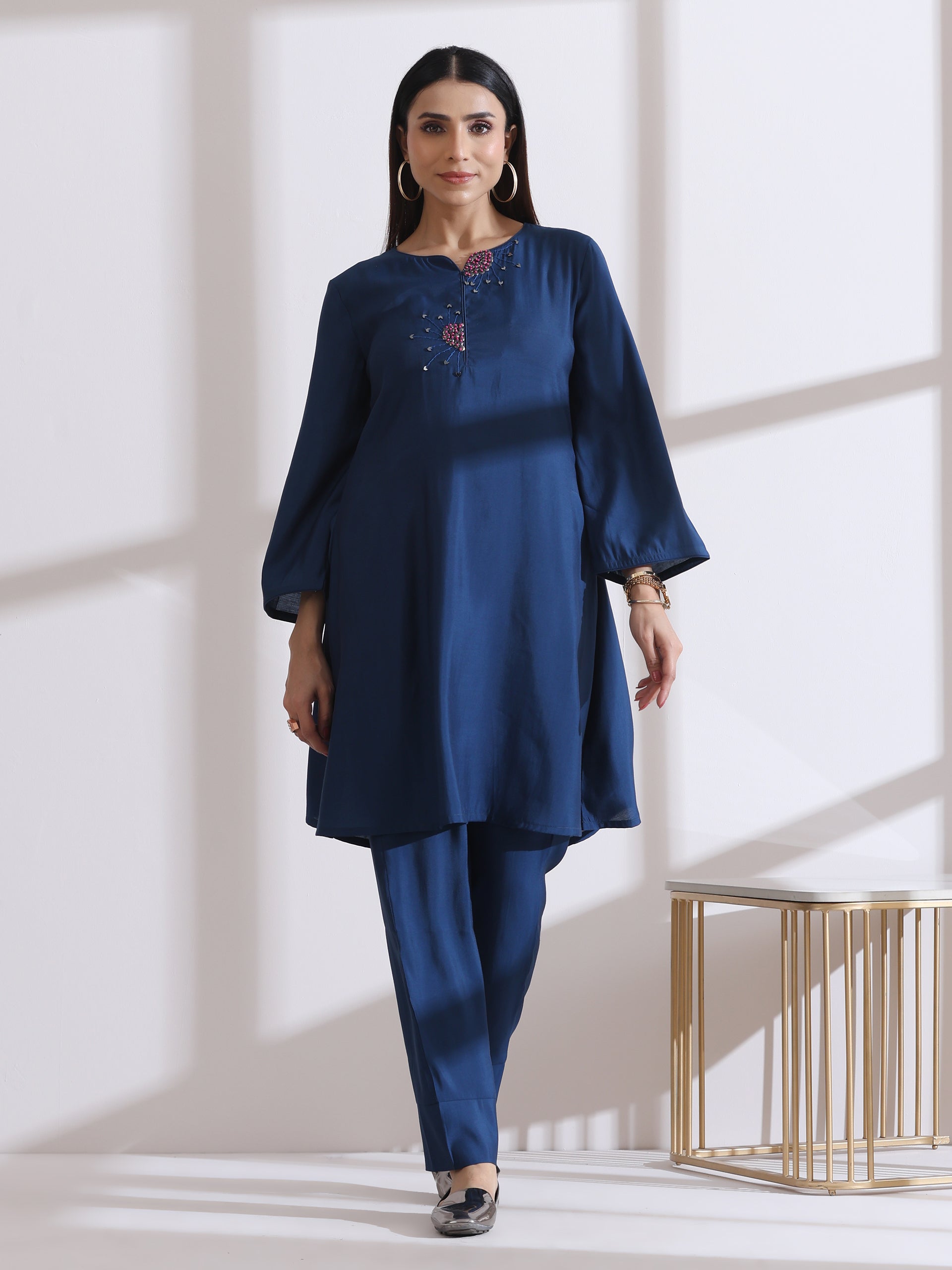 Women's Navy Blue Kurta Set with Hand Embroidery & Pants