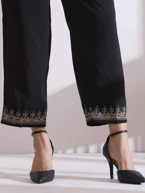Women's Black Kurta with Embroidery on Sleeve and Pants 2 Piece Set | A-Line, Anarkali, V Neck, 3/4 Sleeves, Work Wear, (AirSkin Cotton Silk Blend)