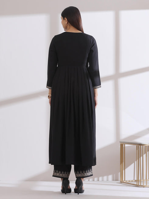 Women's Black Kurta with Embroidery on Sleeve and Pants 2 Piece Set | A-Line, Anarkali, V Neck, 3/4 Sleeves, Work Wear, (AirSkin Cotton Silk Blend)