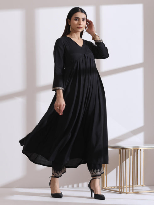 Women's Black Kurta with Embroidery on Sleeve and Pants 2 Piece Set | A-Line, Anarkali, V Neck, 3/4 Sleeves, Work Wear, (AirSkin Cotton Silk Blend)