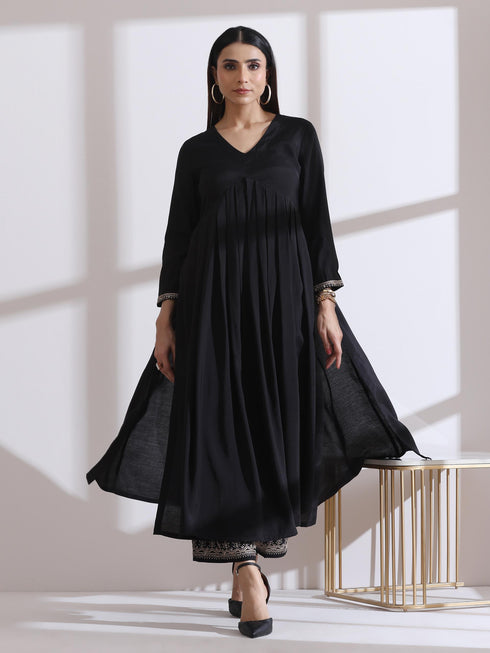 Women's Black Kurta with Embroidery on Sleeve and Pants 2 Piece Set | A-Line, Anarkali, V Neck, 3/4 Sleeves, Work Wear, (AirSkin Cotton Silk Blend)