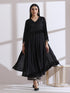 Women's Black Kurta with Embroidery on Sleeve and Pants 2 Piece Set | A-Line, Anarkali, V Neck, 3/4 Sleeves, Work Wear, (AirSkin Cotton Silk Blend)