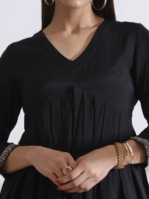 Women's Black Kurta with Embroidery on Sleeve and Pants 2 Piece Set | A-Line, Anarkali, V Neck, 3/4 Sleeves, Work Wear, (AirSkin Cotton Silk Blend)