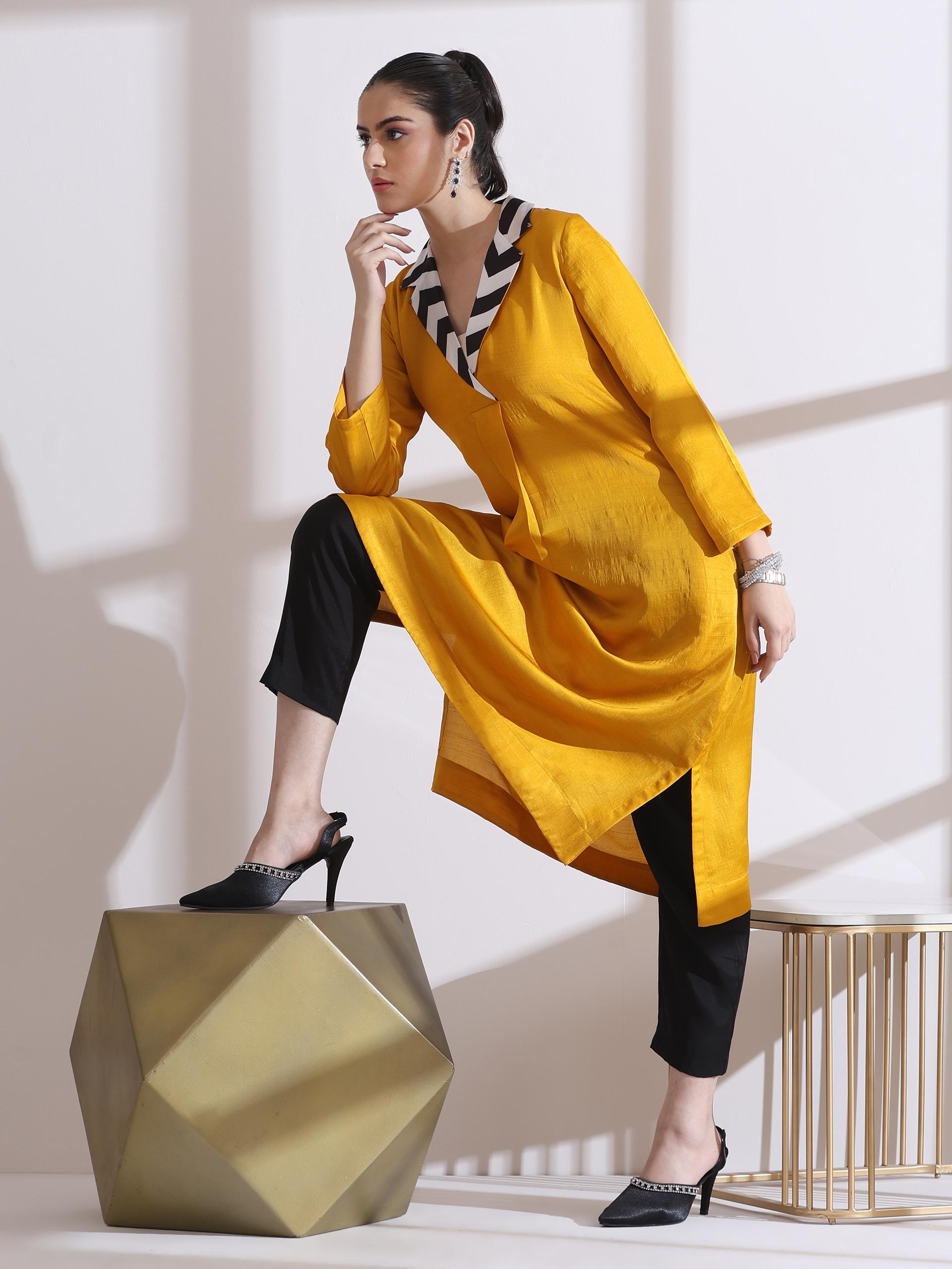 Women's Mustard Kurta with Striped Collar and Pants 2 Piece Set | Straight Fit, V Neck, 3/4 Sleeves, Workwear, (Lux Fabric)