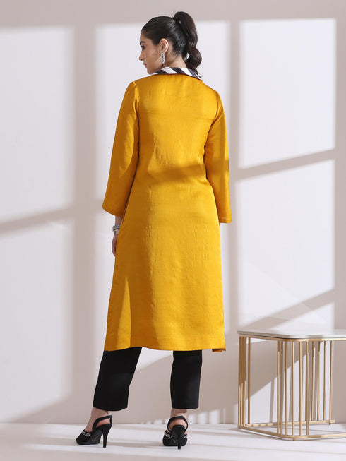 Women's Mustard Kurta with Striped Collar 1 Piece | Straight Fit, Collar Neck, 3/4 Sleeves, Workwear, (PRF'T Lux Duchess Satin Texture)