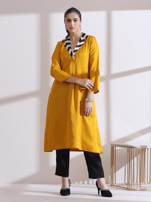 Women's Mustard Kurta with Striped Collar 1 Piece | Straight Fit, Collar Neck, 3/4 Sleeves, Workwear, (PRF'T Lux Duchess Satin Texture)