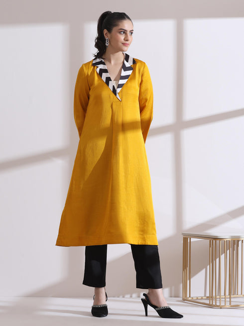 Women's Mustard Kurta with Striped Collar 1 Piece | Straight Fit, Collar Neck, 3/4 Sleeves, Workwear, (PRF'T Lux Duchess Satin Texture)